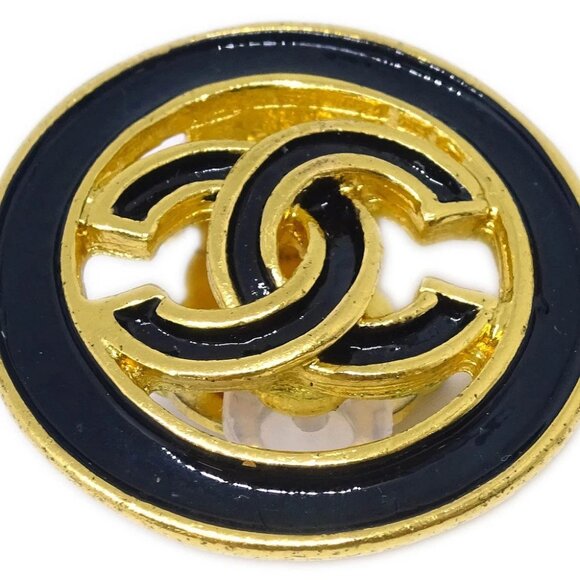 Chanel Gold Black Button Earrings Clip-On 93C 186585 - Picture 4 of 4